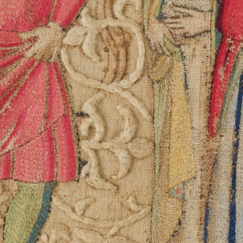 The Flagellation, embroidered textile silk and metallic thread on linen, needlework attributed to Geri Lapi, Mid 14th Century, Credit Line: Bequest of Charles F. Iklé, 1963, MMA, (detail)