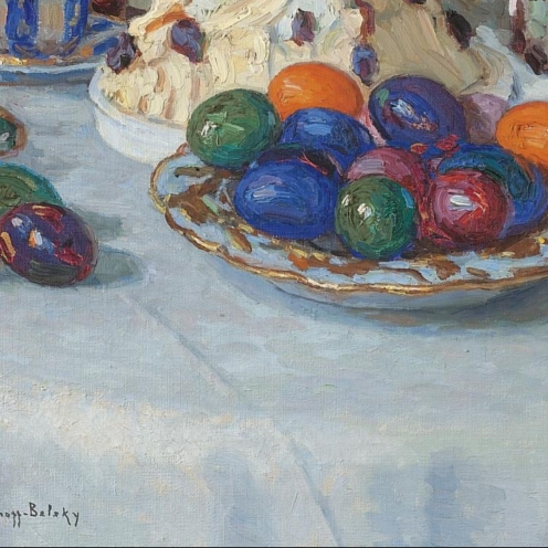 Nikolai Petrovich Bogdanov-Belsky, (1868-1945), Easter Table, signed in Latin l.l., oil on canvas, 88.5 by 71.5cm., 34¾ by 28in., Source: Sotheby's, (detail)