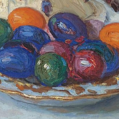 Nikolai Petrovich Bogdanov-Belsky, (1868-1945), Easter Table, signed in Latin l.l., oil on canvas, 88.5 by 71.5cm., 34¾ by 28in., Source: Sotheby's, (detail)