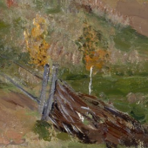 Isaac Levitan, Golden Autumn, Slobodka, (Original Title: Золотая осень. Слободка) 1889, oil on canvas, Dimensions: w675 x h430 mm, From The State Russian Museum, St. Petersburg, Image Source: Google Arts & Culture, (detail)