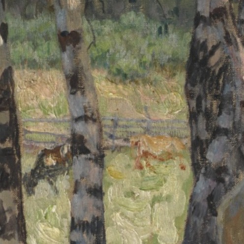 Nikolai Bogdanov-Belsky (1868-1945), Boys in a Birch Forest, signed in Cyrillic l.l. oil on canvas, 81.5 by 104.5cm, 32 by 41in., Image source: Sotheby's (detail)