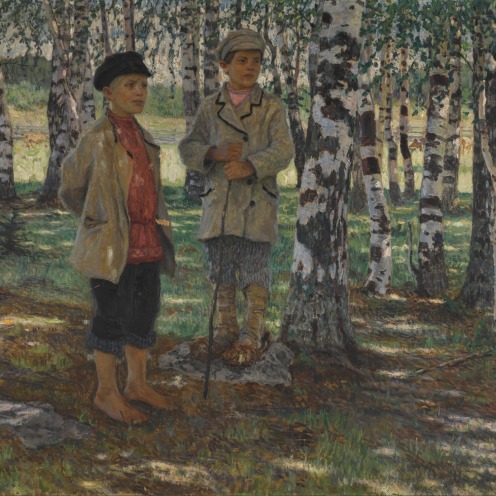 Nikolai Bogdanov-Belsky (1868-1945), Boys in a Birch Forest, signed in Cyrillic l.l. oil on canvas, 81.5 by 104.5cm, 32 by 41in., Image source: Sotheby's