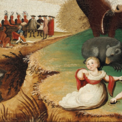 Edward Hicks (1780-1849), Peaceable Kingdom, in the original black painted and gilded pine frame; the reverse with label with transcription of Isaiah 11:6-9, oil on canvas, 17 ½ x 23 ½ in., Painted circa 1833, Source: Christie's, (detail).