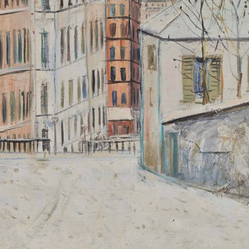 Maurice Utrillo (1883-1955), La rue du Mont-Cenis sous la neige, signé 'Maurice, Utrillo, V,' (en bas à droite) et situé '- Montmartre -(en bas à gauche), huile sur toile, 97 x 146 cm. Peint vers 1935, Source: Christie's.(detail).